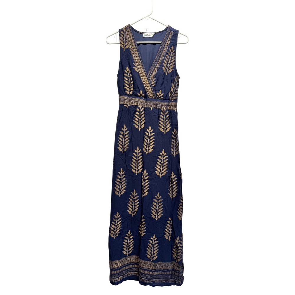 Lapogee Maxi Dress Block Print Leaf‎ Boho Medium Navy Gold Women